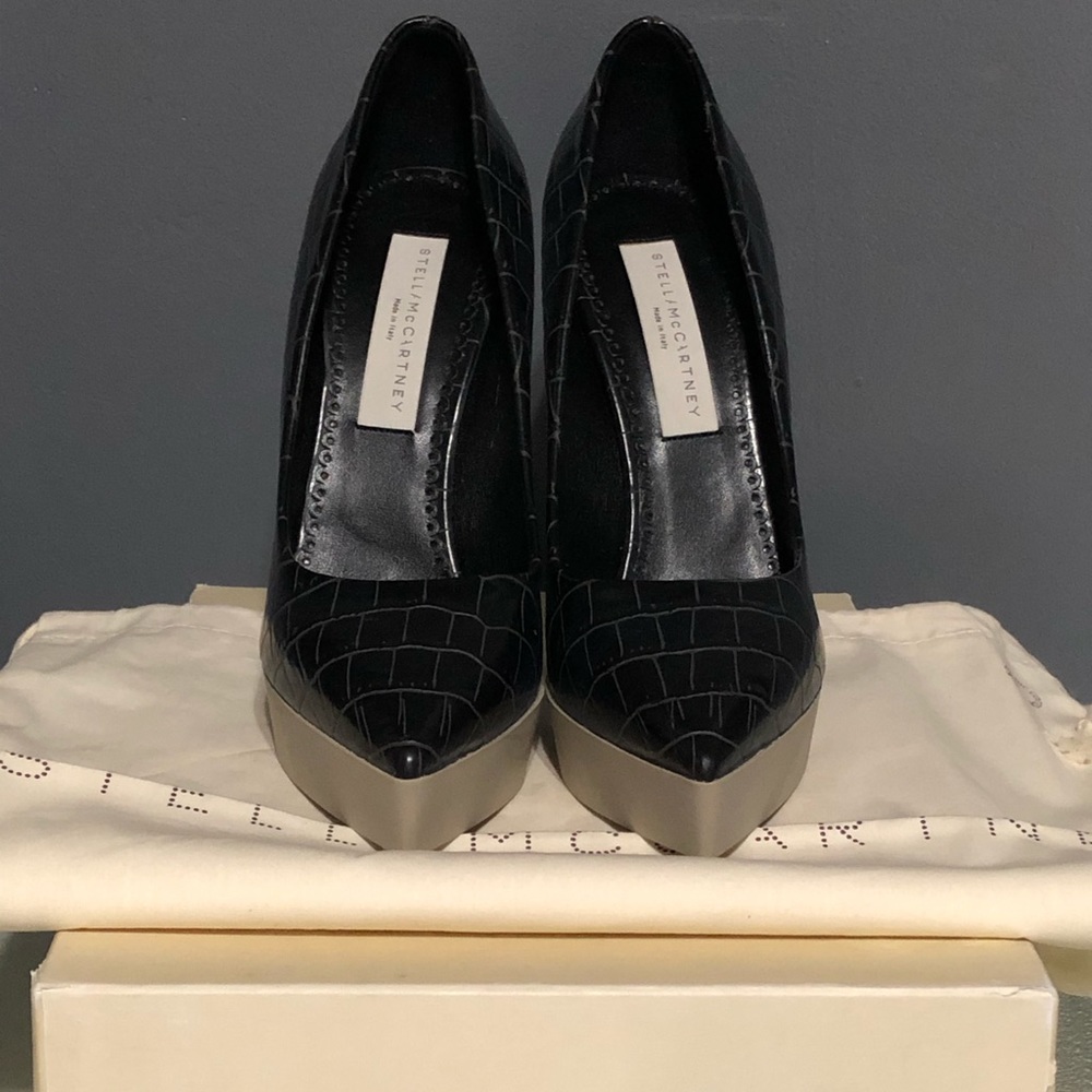 Stella McCartney black crock platform pumps.